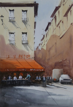 Original art for sale at UGallery.com | Bistro by Road by Swarup Dandapat | $750 | watercolor painting | 22' h x 15' w | photo 1