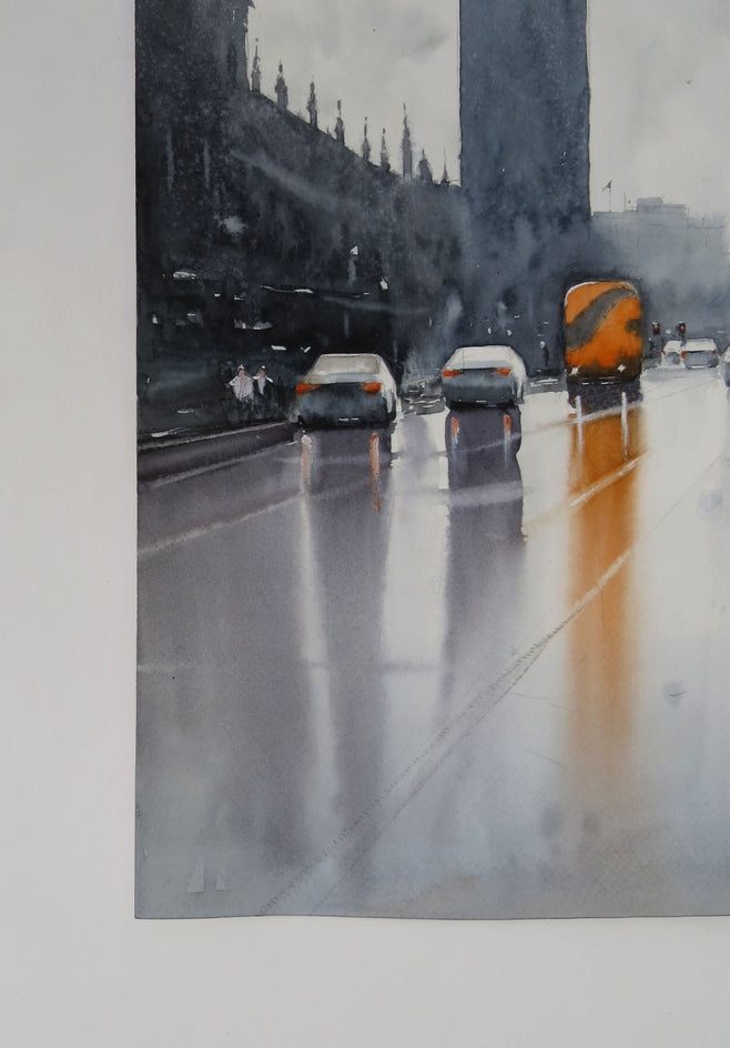 That Red Bus in Westminster by Swarup Dandapat |  Side View of Artwork 