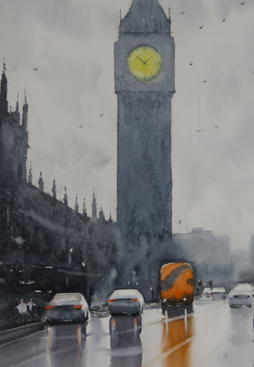 That Red Bus in Westminster by Swarup Dandapat |   Closeup View of Artwork 