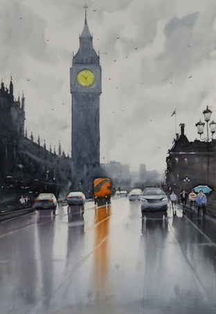 Original art for sale at UGallery.com | That Red Bus in Westminster by Swarup Dandapat | $750 | watercolor painting | 22' h x 15' w | photo 1