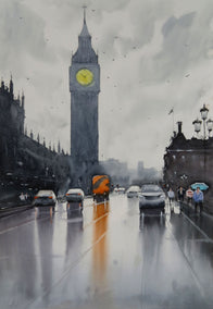 watercolor painting by Swarup Dandapat titled That Red Bus in Westminster