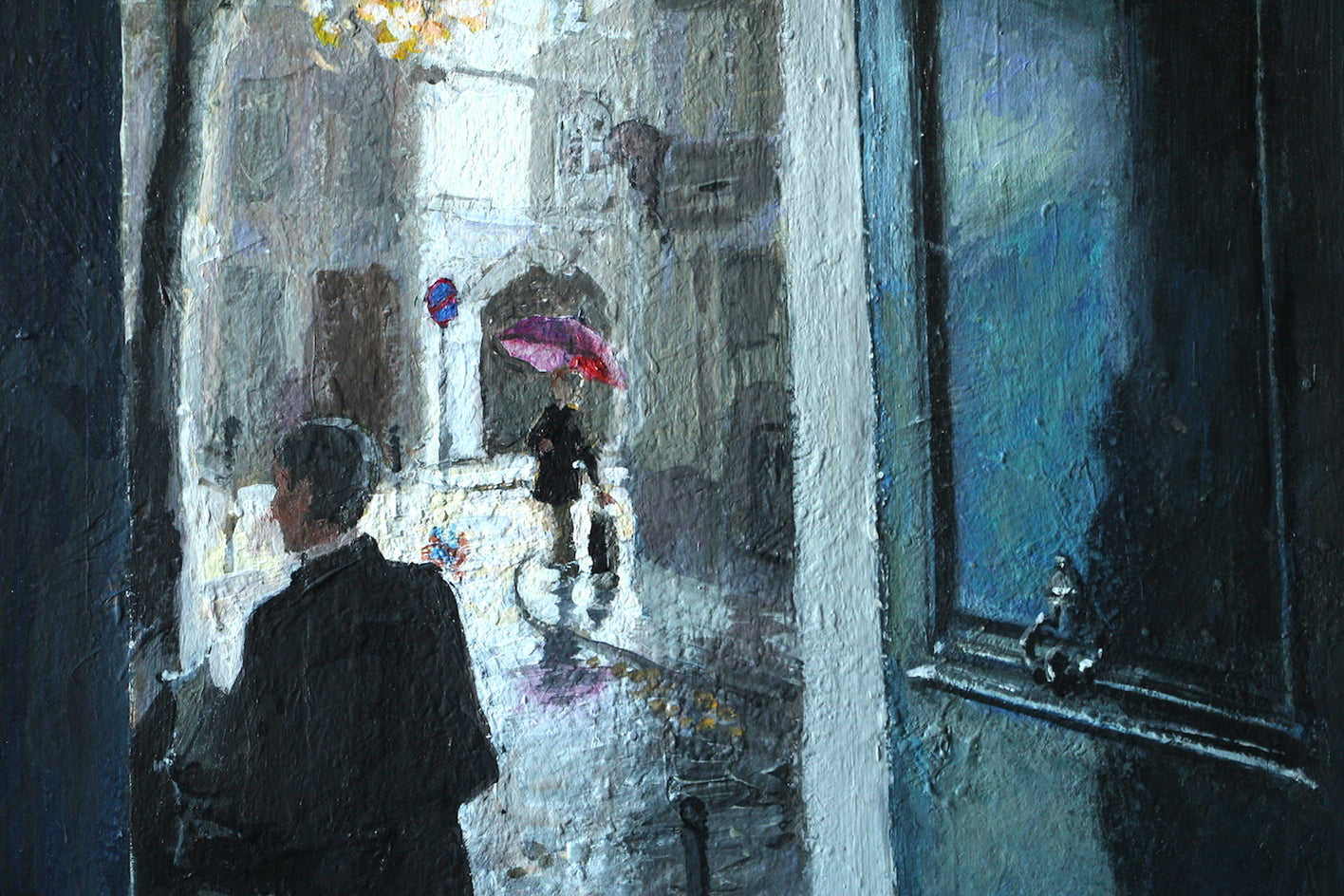 The Pink Umbrella by Bertrand Girard |  Closeup View of Artwork 