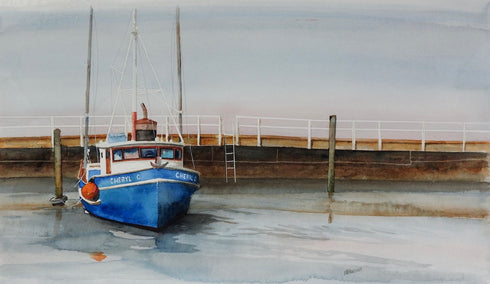 watercolor painting by Thomas Hoerber titled Cheryl C at Dock