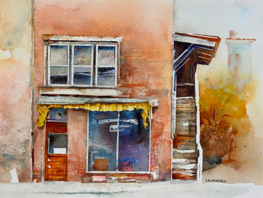 watercolor painting by Thomas Hoerber titled Old Barber Shop