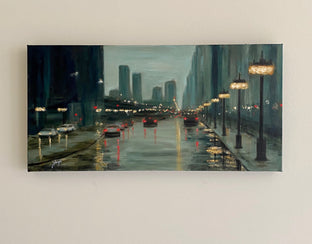 Original art for sale at UGallery.com | Rainy Day on Michigan Ave by Yangzi Xu | $525 | oil painting | 12' h x 24' w | photo 3