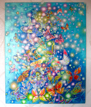 Original art for sale at UGallery.com | Butterflies and Fireflies Flying in the Night Sky by Natasha Tayles | $1,150 | acrylic painting | 24' h x 30' w | photo 3