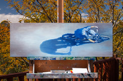 Original art for sale at UGallery.com | Bicycling in Blue by Warren Keating | $2,200 | oil painting | 12' h x 36' w | thumbnail 3