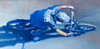 Original art for sale at UGallery.com | Bicycling in Blue by Warren Keating | $2,200 | oil painting | 12' h x 36' w | thumbnail 4