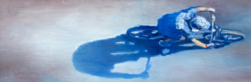 oil painting by Warren Keating titled Bicycling in Blue