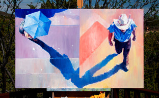 Blue Umbrella and Cowboy by Warren Keating |  Context View of Artwork 