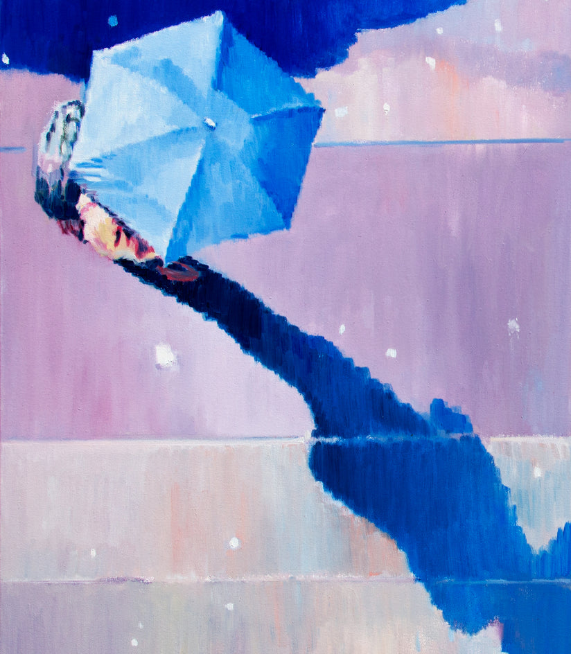 Blue Umbrella and Cowboy by Warren Keating |  Closeup View of Artwork 
