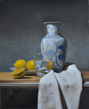 Original art for sale at UGallery.com | Lemons and Water with Vase by Christopher Garvey | $350 | oil painting | 10' h x 8' w | photo 1