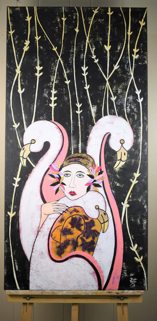 Original art for sale at UGallery.com | Woman and Flamingos by Diana Rosa | $2,550 | mixed media artwork | 48' h x 24' w | photo 3