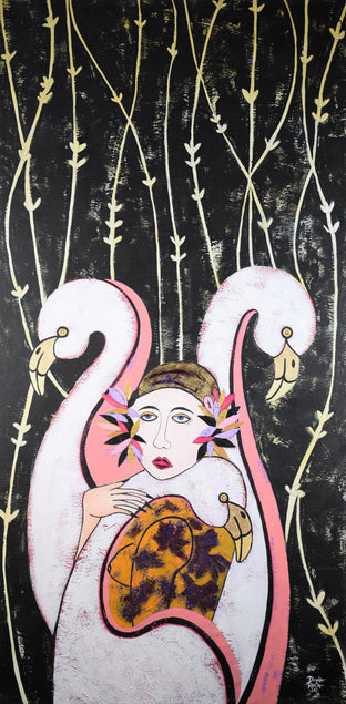 Original art for sale at UGallery.com | Woman and Flamingos by Diana Rosa | $2,550 | mixed media artwork | 48' h x 24' w | photo 1
