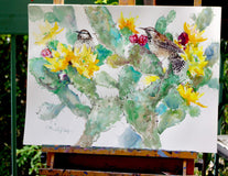 Original art for sale at UGallery.com | Cactus Wren and Prickly Pear by Suren Nersisyan | $375 | watercolor painting | 18' h x 24' w | thumbnail 2