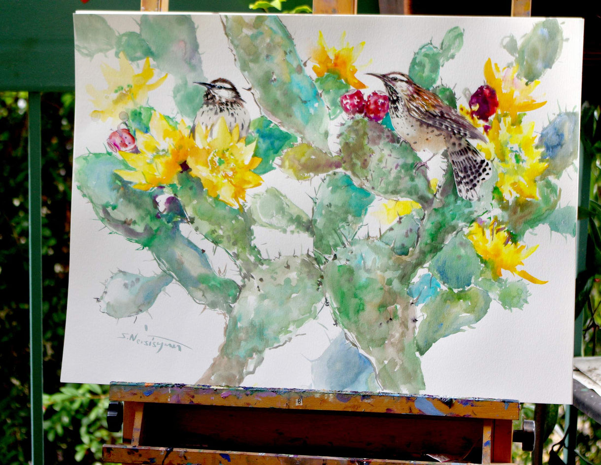 Cactus Wren and Prickly Pear by Suren Nersisyan |  Side View of Artwork 