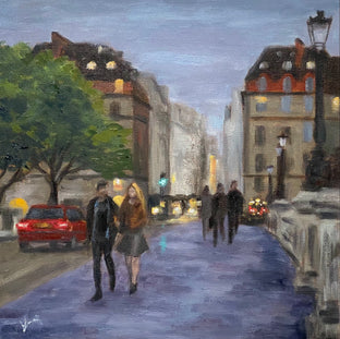 Original art for sale at UGallery.com | Evening Date by Seine by Yangzi Xu | $400 | oil painting | 12' h x 12' w | photo 1