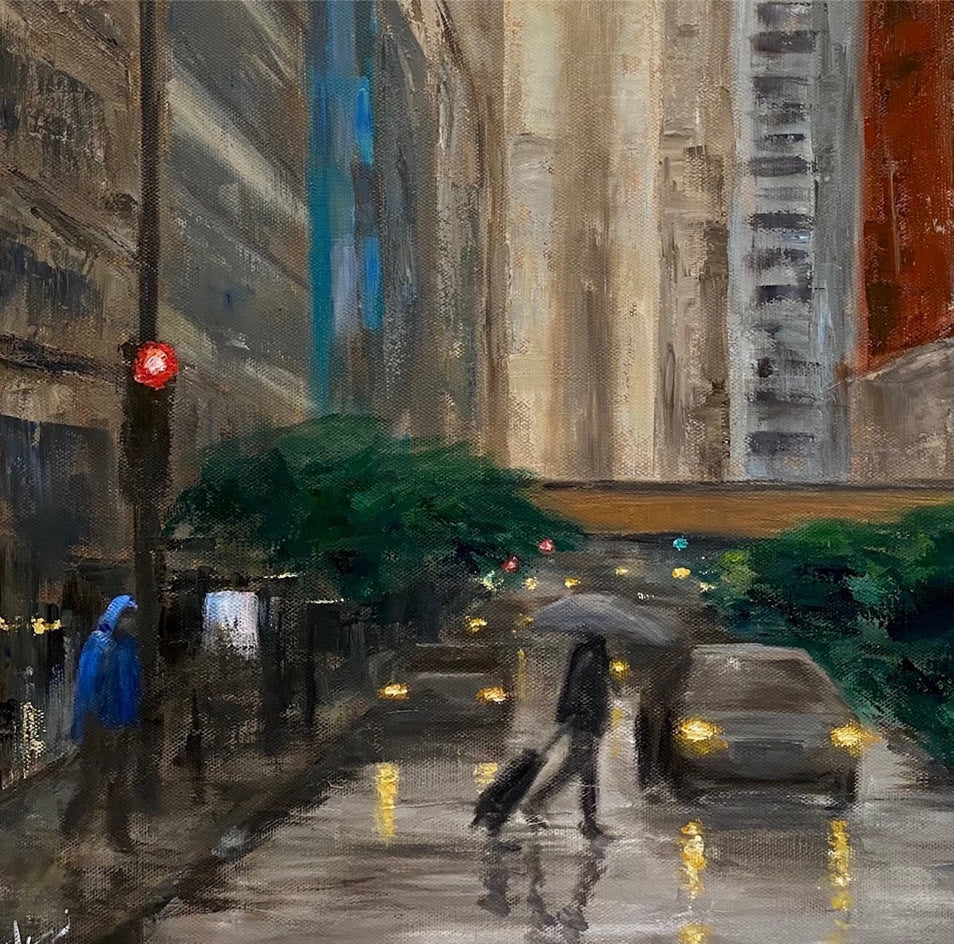 La Salle Street, Rainy Day by Yangzi Xu |  Closeup View of Artwork 