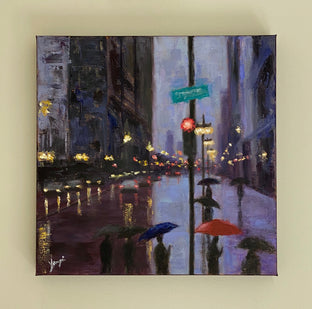 Original art for sale at UGallery.com | The Umbrellas on Michigan Ave by Yangzi Xu | $400 | oil painting | 12' h x 12' w | photo 3