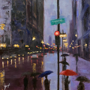 Original art for sale at UGallery.com | The Umbrellas on Michigan Ave by Yangzi Xu | $400 | oil painting | 12' h x 12' w | photo 1