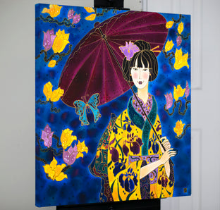 Original art for sale at UGallery.com | Japanese Girl in Iris Kimono by Yelena Sidorova | $1,800 | mixed media artwork | 30' h x 30' w | photo 3