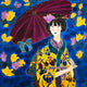 Original art for sale at UGallery.com | Japanese Girl in Iris Kimono by Yelena Sidorova | $1,800 | mixed media artwork | 30' h x 30' w | thumbnail 1