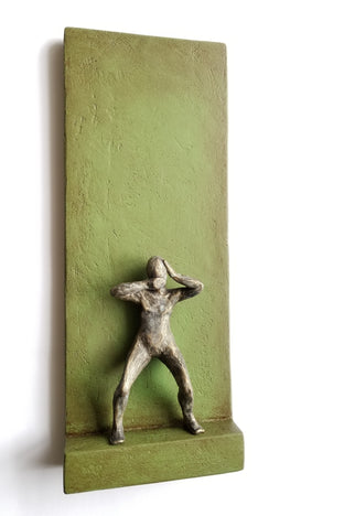 Original art for sale at UGallery.com | Small Being Standing on Green A by Yelitza Diaz | $575 | mixed media artwork | 20' h x 7.5' w | photo 2