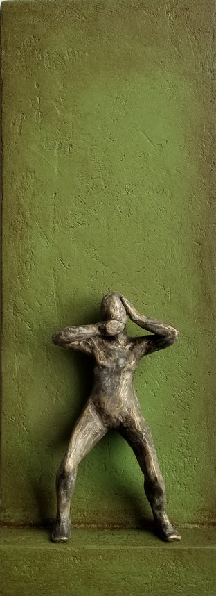 Original art for sale at UGallery.com | Small Being Standing on Green A by Yelitza Diaz | $575 | mixed media artwork | 20' h x 7.5' w | photo 1