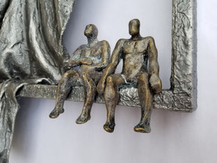 Small Beings on Window with Silver Curtain by Yelitza Diaz |   Closeup View of Artwork 