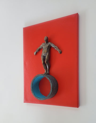 Balance on Red, Turquoise. by Yelitza Diaz |  Side View of Artwork 