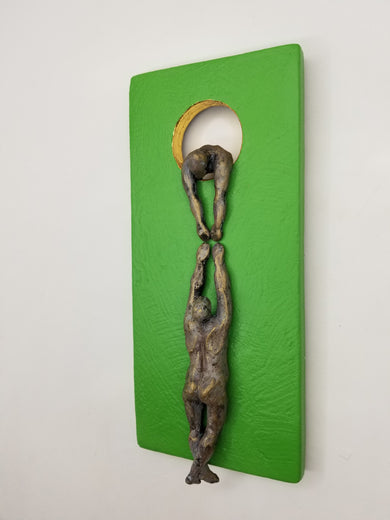 Two Climbers on Green Hanging on the Moon. by Yelitza Diaz |  Side View of Artwork 
