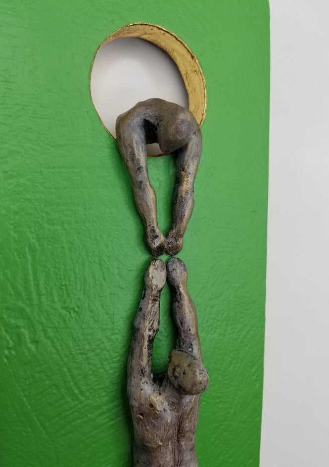 Two Climbers on Green Hanging on the Moon. by Yelitza Diaz |  Closeup View of Artwork 